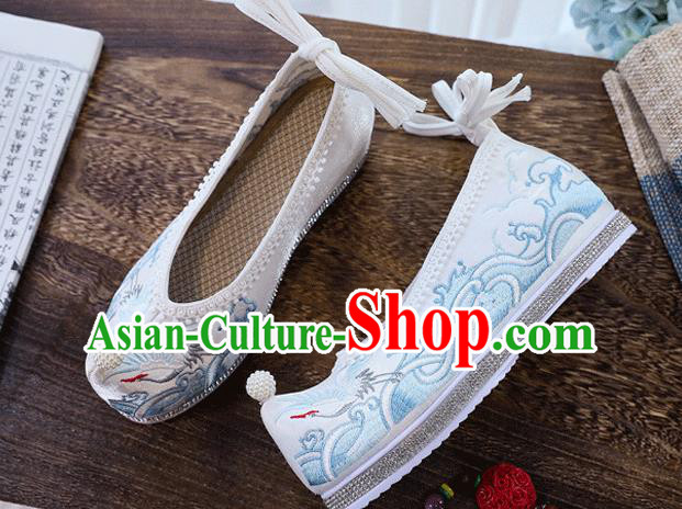 China Embroidered Crane Shoes Handmade Hanfu White Cloth Shoes Traditional Ming Dynasty Princess Shoes
