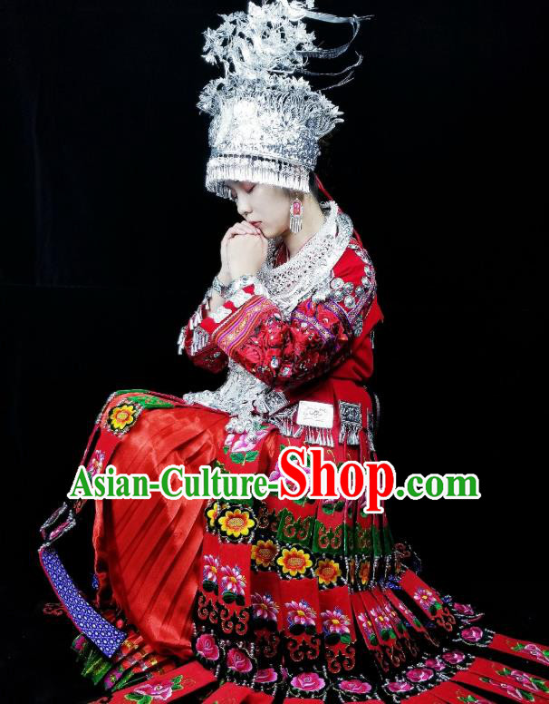 China Hmong Ethnic Bride Dress Miao Nationality Wedding Clothing Guizhou Minority Festival Red Outfits and Headpieces