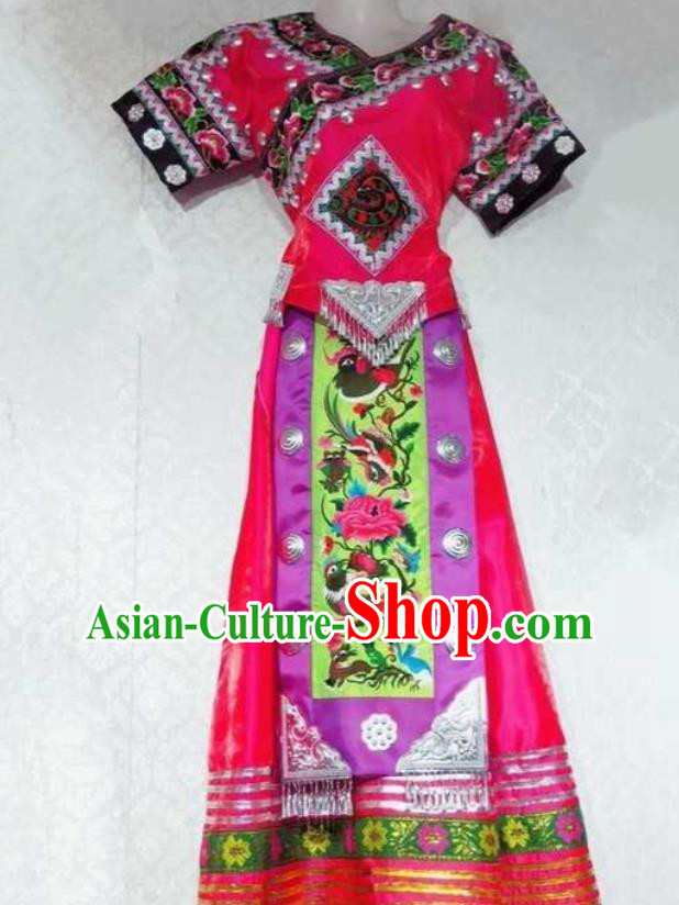 China Guizhou Minority Folk Dance Rosy Outfits Tujia Ethnic Performance Dress Miao Nationality Female Clothing