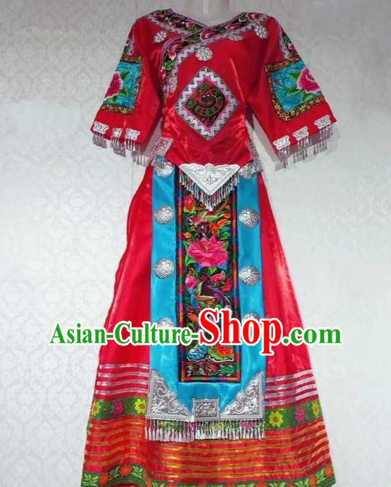 China Miao Nationality Female Clothing Guizhou Minority Folk Dance Red Outfits Tujia Ethnic Performance Dress