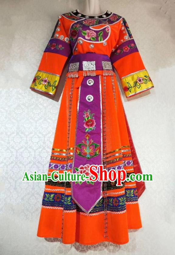 China Tujia Ethnic Folk Dance Orange Dress Miao Nationality Woman Clothing Guizhou Minority Stage Performance Outfits