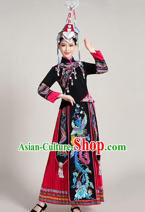 China She Minority Folk Dance Outfits Ethnic Stage Performance Dress Yao Nationality Clothing and Hat