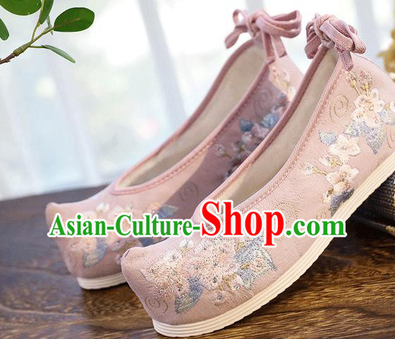 China Handmade Diamante Hanfu Shoes Traditional Folk Dance Pink Cloth Shoes Embroidered Peach Blossom Shoes