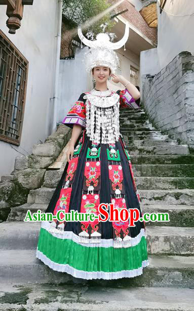 China Miao Nationality Performance Clothing Xiangxi Minority Dance Costumes Hmong Ethnic Woman Black Dress and Headwear