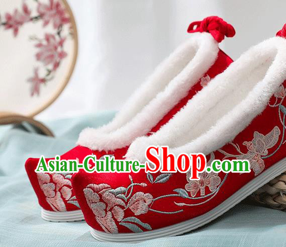 China National Winter Cotton Shoes Handmade Red Cloth Hanfu Shoes Traditional Wedding Embroidered Shoes