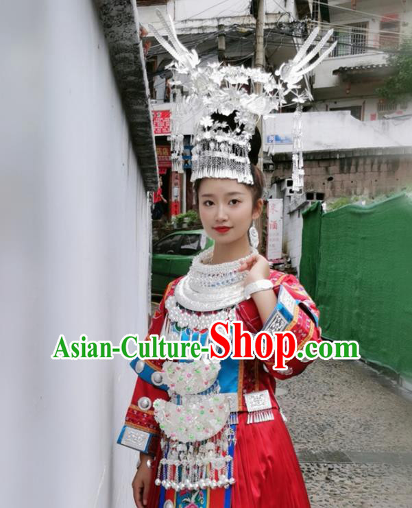 China Hmong Ethnic Woman Red Dress Miao Nationality Wedding Clothing Xiangxi Minority Performance Costumes and Silver Hair Accessories