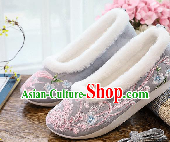 China Folk Dance Shoes National Woman Winter Shoes Traditional Embroidered Pearls Grey Cloth Shoes