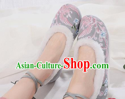 China Folk Dance Shoes National Woman Winter Shoes Traditional Embroidered Pearls Grey Cloth Shoes