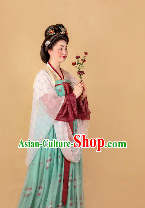 China Tang Dynasty Court Woman Historical Costumes Traditional Ancient Noble Madame Green Hanfu Dress Complete Set
