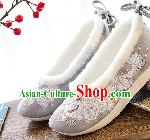 China Traditional Embroidered Nine Tail Fox Shoes Folk Dance Shoes National Woman Winter Grey Cloth Shoes