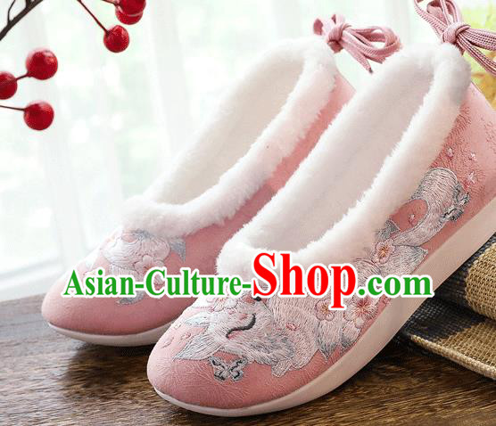 China Traditional Folk Dance Shoes National Woman Winter Pink Cloth Shoes Embroidered Nine Tail Fox Shoes