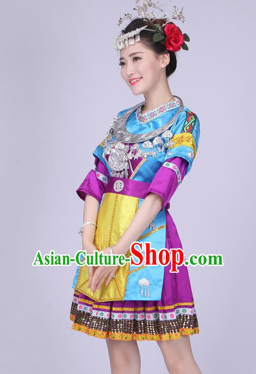 China Xiangxi Ethnic Performance Outfits Yao Minority Blue Dress Tujia Nationality Folk Dance Clothing and Hair Accessories