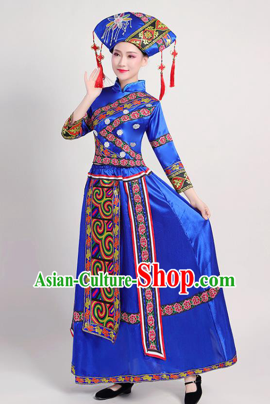 China Minority Folk Dance Royalblue Dress Zhuang Nationality Clothing Guangxi Ethnic Performance Outfits and Hat