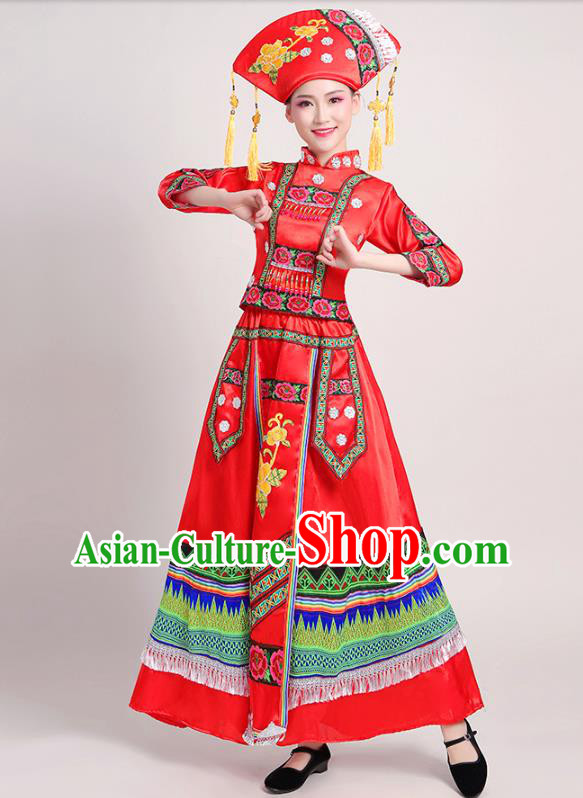 China Yao Minority Folk Dance Dress Zhuang Nationality Clothing Yunnan Ethnic Performance Red Outfits and Headwear