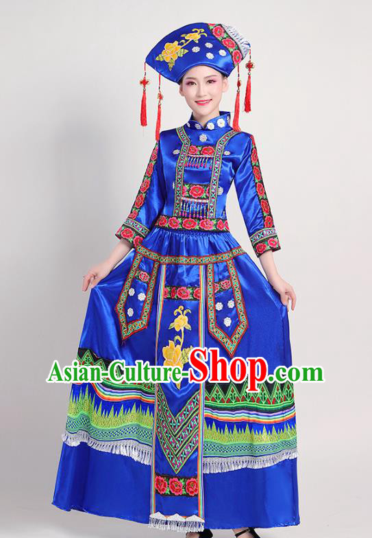 China Yunnan Ethnic Performance Royalblue Outfits Yao Minority Folk Dance Dress Zhuang Nationality Clothing and Headwear
