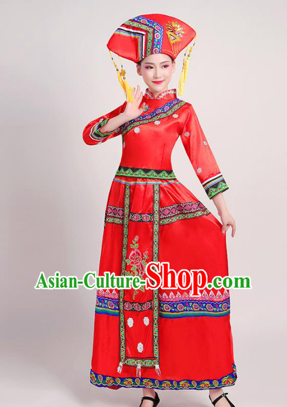 China Minority Folk Dance Dress Zhuang Nationality Female Clothing Guangxi Ethnic Performance Red Outfits and Headdress