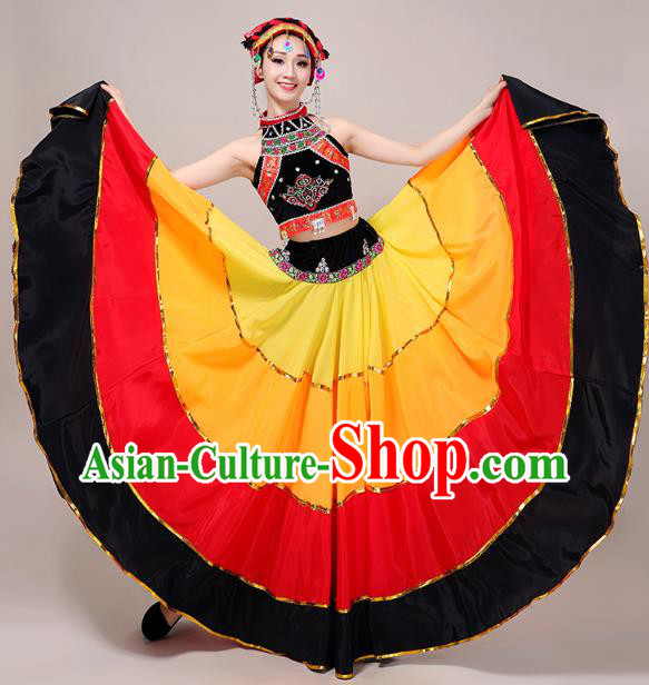 China Yi Nationality Folk Dance Clothing Guizhou Ethnic Performance Outfits Minority Torch Festival Dress and Hat