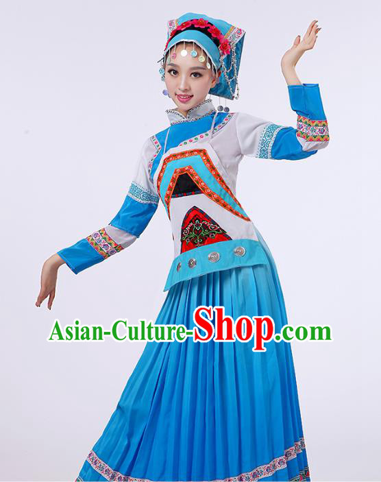 China Guizhou Ethnic Performance Outfits Puyi Minority Blue Dress Bouyei Nationality Folk Dance Clothing and Hat