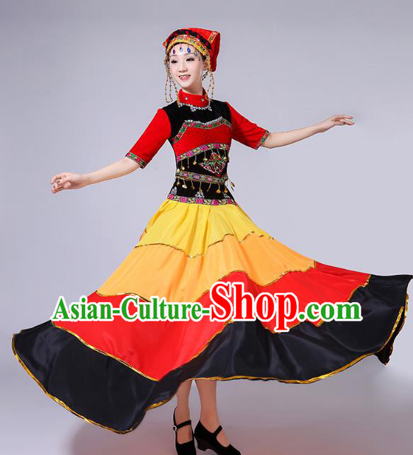 China Liangshan Nationality Folk Dance Costumes Yi Minority Torch Festival Dress Traditional Sichuan Ethnic Performance Clothing and Headwear