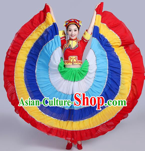 China Yi Nationality Folk Dance Costumes Traditional Minority Torch Festival Dress Liangshan Ethnic Clothing and Headpiece