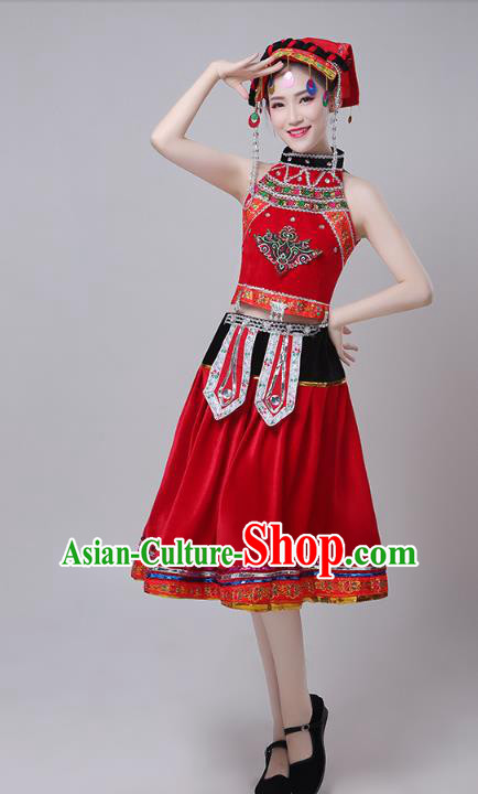 China Yi Minority Ethnic Stage Performance Red Short Dress Outfits Traditional Yao Nationality Folk Dance Costumes