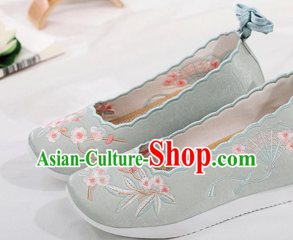 China Folk Dance Platform Shoes Embroidered Plum Fan Light Green Cloth Shoes Traditional Shoes