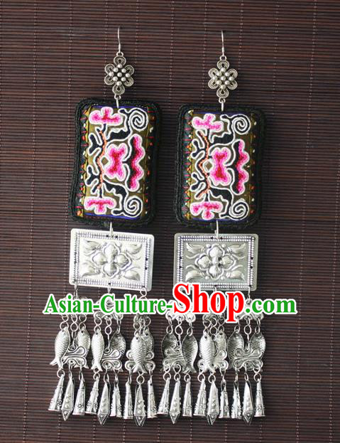 China National Cheongsam Silver Fish Tassel Ear Accessories Traditional Miao Nationality Ethnic Embroidered Earrings