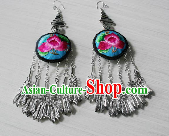 China Traditional Miao Nationality Ethnic Embroidered Lotus Earrings National Cheongsam Silver Tassel Ear Accessories