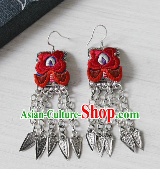 China National Embroidered Red Earrings Traditional Cheongsam Silver Tassel Ear Accessories