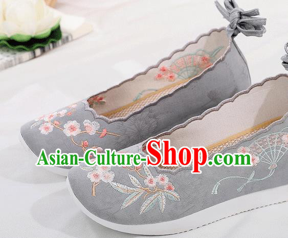 China Embroidered Plum Fan Grey Cloth Shoes Traditional Shoes Folk Dance Platform Shoes