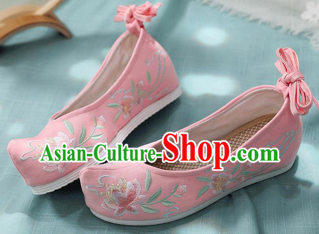 China Embroidered Peach Blossom Shoes Traditional Bow Shoes Folk Dance Pink Cloth Shoes
