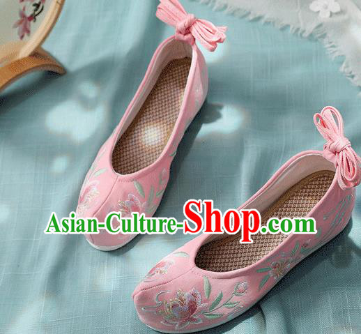 China Embroidered Peach Blossom Shoes Traditional Bow Shoes Folk Dance Pink Cloth Shoes