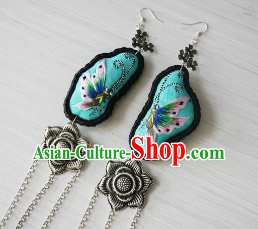 China Traditional Cheongsam Embroidered Butterfly Ear Accessories National Guizhou Ethnic Silver Tassel Earrings
