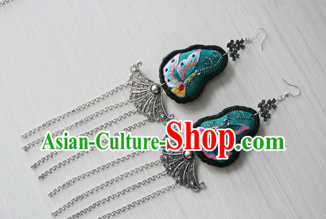 China National Guizhou Ethnic Silver Tassel Earrings Traditional Cheongsam Embroidered Butterfly Ear Accessories