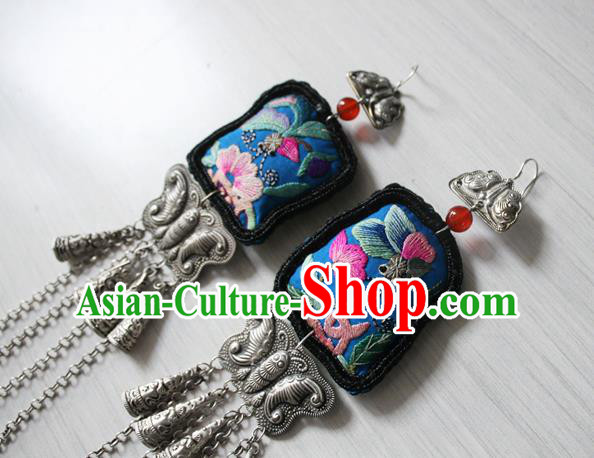 China National Guizhou Miao Silver Butterfly Tassel Earrings Traditional Cheongsam Embroidered Ear Jewelry