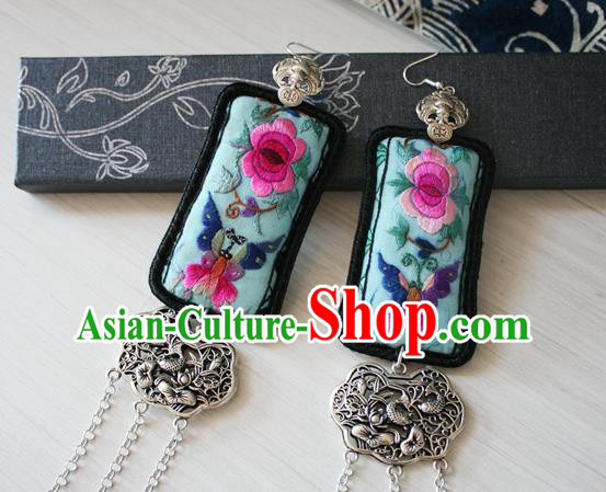China Traditional Cheongsam Embroidered Green Ear Jewelry Guizhou Miao Silver Carving Lotus Fish Earrings