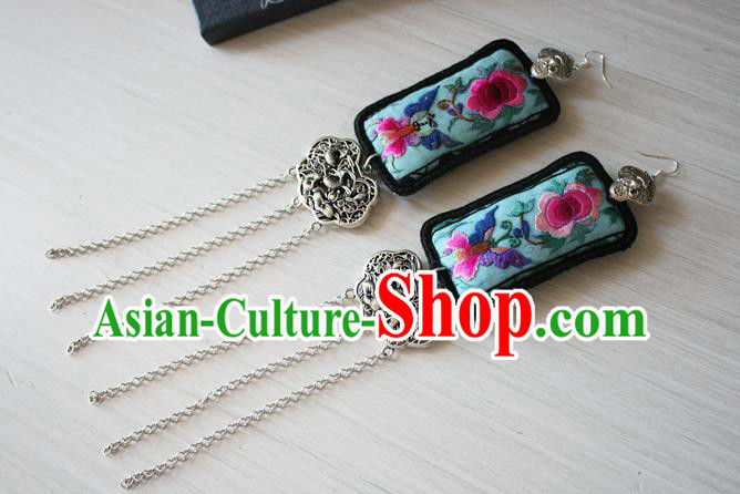 China Traditional Cheongsam Embroidered Green Ear Jewelry Guizhou Miao Silver Carving Lotus Fish Earrings