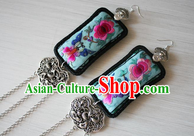 China Traditional Cheongsam Embroidered Green Ear Jewelry Guizhou Miao Silver Carving Lotus Fish Earrings