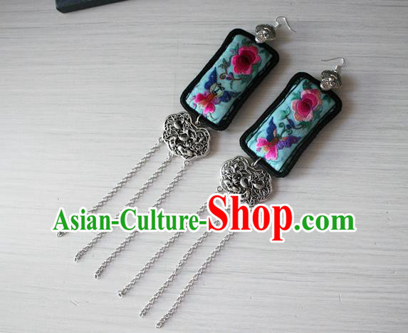 China Traditional Cheongsam Embroidered Green Ear Jewelry Guizhou Miao Silver Carving Lotus Fish Earrings