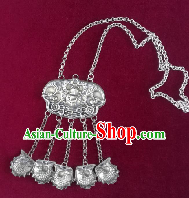 Chinese Ethnic Stage Performance Jewelry Accessories Handmade Silver Carving Longevity Lock Necklet