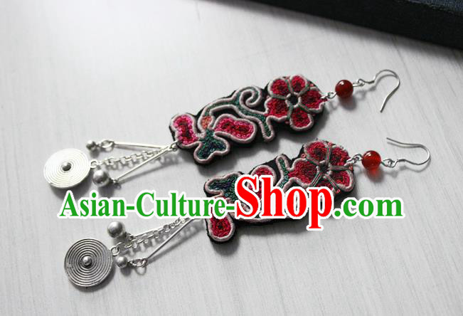 China Guizhou Ethnic Miao Silver Earrings Traditional Cheongsam Embroidered Ear Accessories