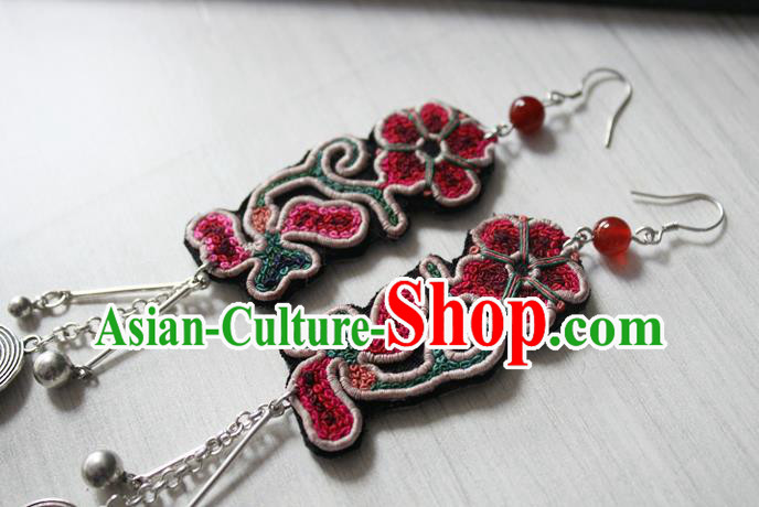 China Guizhou Ethnic Miao Silver Earrings Traditional Cheongsam Embroidered Ear Accessories