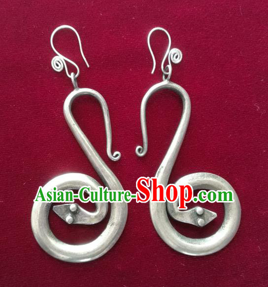 China Guizhou Ethnic Woman Silver Snake Earrings Traditional Miao Nationality Dance Ear Accessories