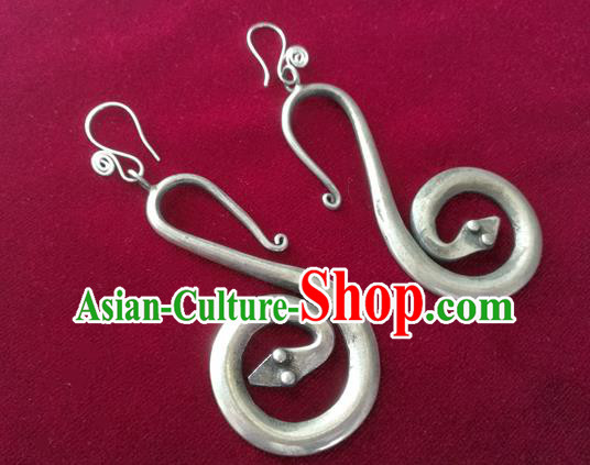 China Guizhou Ethnic Woman Silver Snake Earrings Traditional Miao Nationality Dance Ear Accessories