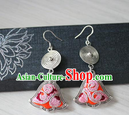 China Guizhou Hmong Ethnic Silver Earrings Traditional Miao Nationality Embroidered Ear Accessories