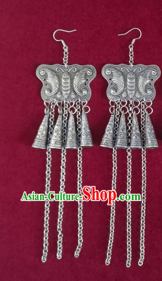 China Traditional Cheongsam Silver Butterfly Ear Accessories National Yunnan Ethnic Folk Dance Tassel Earrings