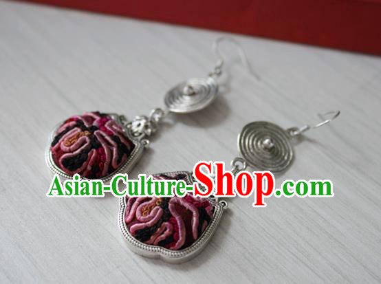 China Handmade Guizhou Hmong Ethnic Silver Earrings Traditional Miao Nationality Ear Accessories