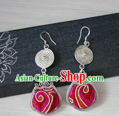 China Traditional Miao Nationality Bride Embroidered Rosy Ear Accessories Handmade Guizhou Hmong Ethnic Wedding Silver Earrings