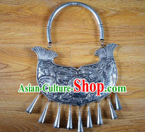 Chinese Miao Ethnic Wedding Jewelry Accessories Handmade Hmong Silver Carving Dragon Phoenix Necklet