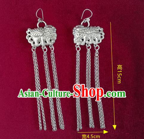 China National Ethnic Silver Lion Tassel Earrings Traditional Cheongsam Ear Jewelry